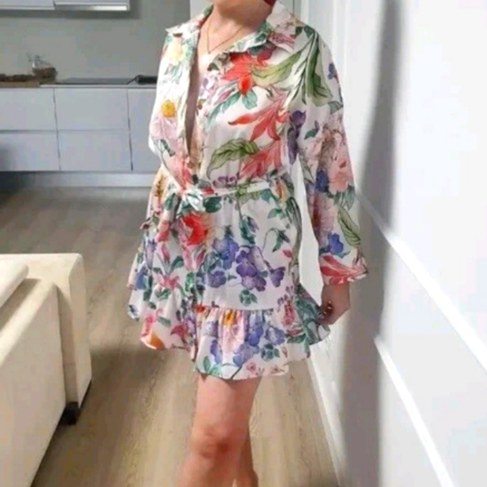 Zara Floral Ruffled Mini Shirt Dress NWOT